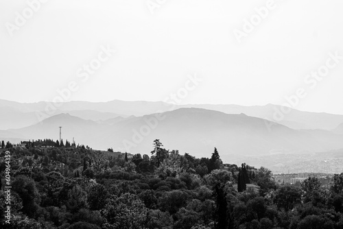 Architectural details of the Alhambra fortified palace complex and Granada city