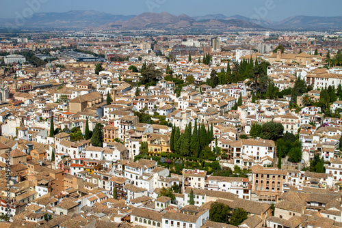 Architectural details of the Alhambra fortified palace complex and Granada city