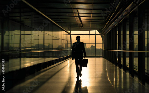 business man with suitcase approaching the airport walkway,