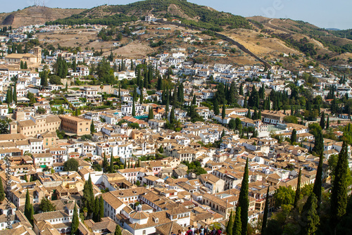 Architectural details of the Alhambra fortified palace complex and Granada city