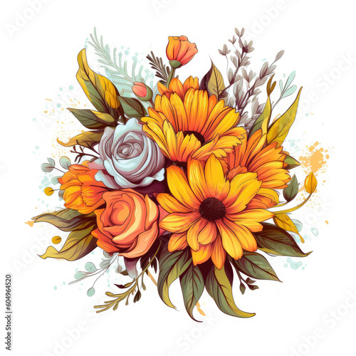 Wedding Composition of Flowers and Greenery in Bouquet Shape - Watercolor Illustration AI generated

