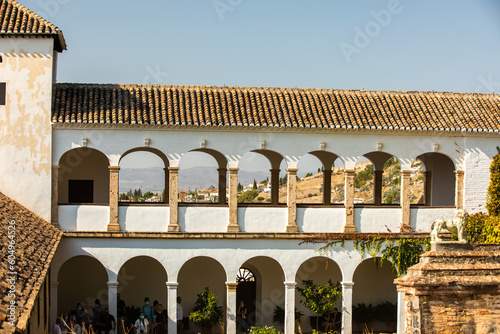 Architectural details of the Alhambra fortified palace complex and Granada city