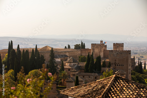 Architectural details of the Alhambra fortified palace complex and Granada city