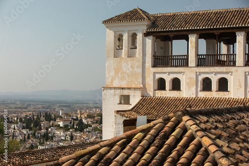 Architectural details of the Alhambra fortified palace complex and Granada city