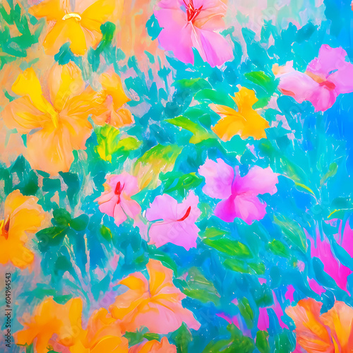 Yellow and pink hibiscus flowers on a blue background. Generative Ai  © Cynthia