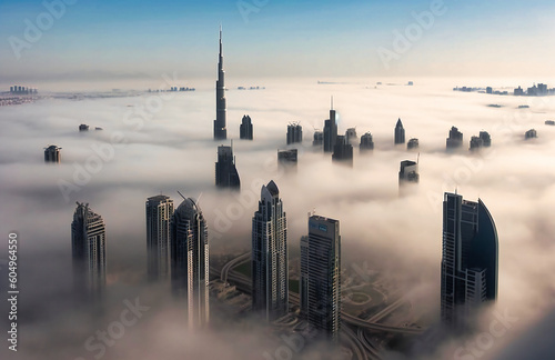 Stampa su tela a city covered with fog under the burj khalifa
