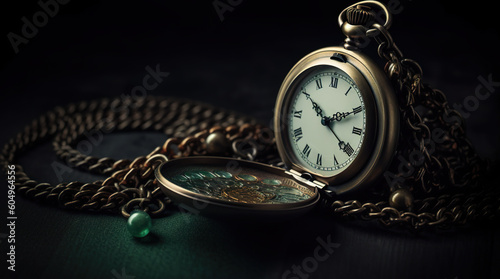 A close up of a pocket watch on a chain. Generative AI.