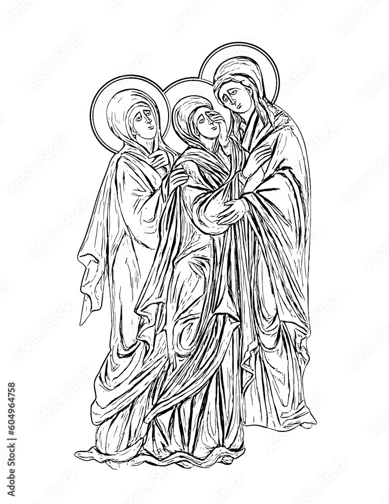 Madonna. Holy God's mother and two saints. Illustration - fresco in Byzantine style. Coloring page on white background