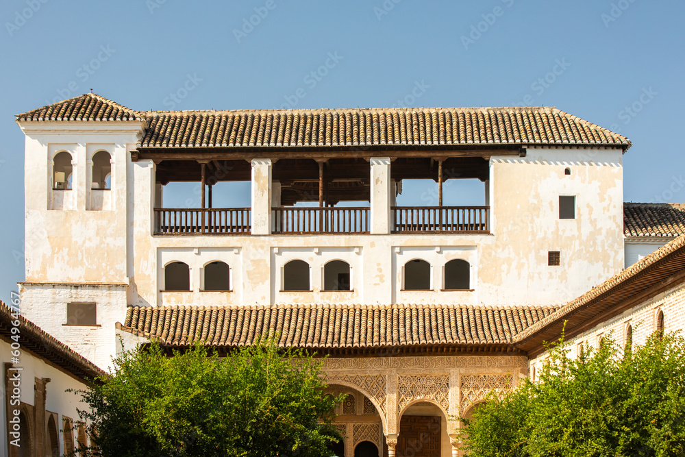 Architectural details of the Alhambra fortified palace complex and Granada city