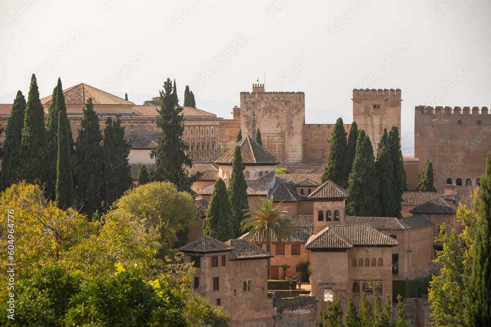 Architectural details of the Alhambra fortified palace complex and Granada city