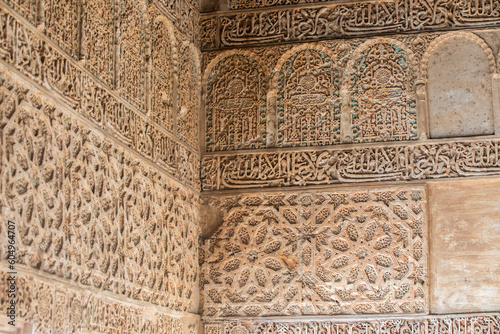 Architectural details of the Alhambra fortified palace complex and Granada city