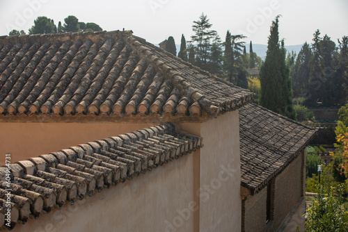 Architectural details of the Alhambra fortified palace complex and Granada city