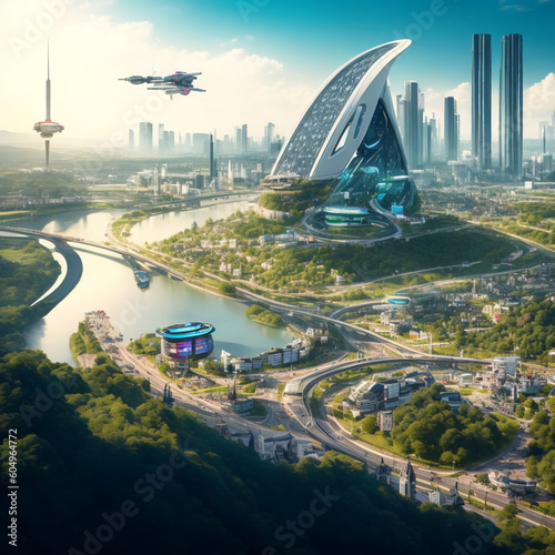 Metropolis of Coexistence KI Generiert ! ein Bild, das eine futuristische Stadtlandschaft zeigt, in der Roboter und Menschen gemeinsam interagieren.