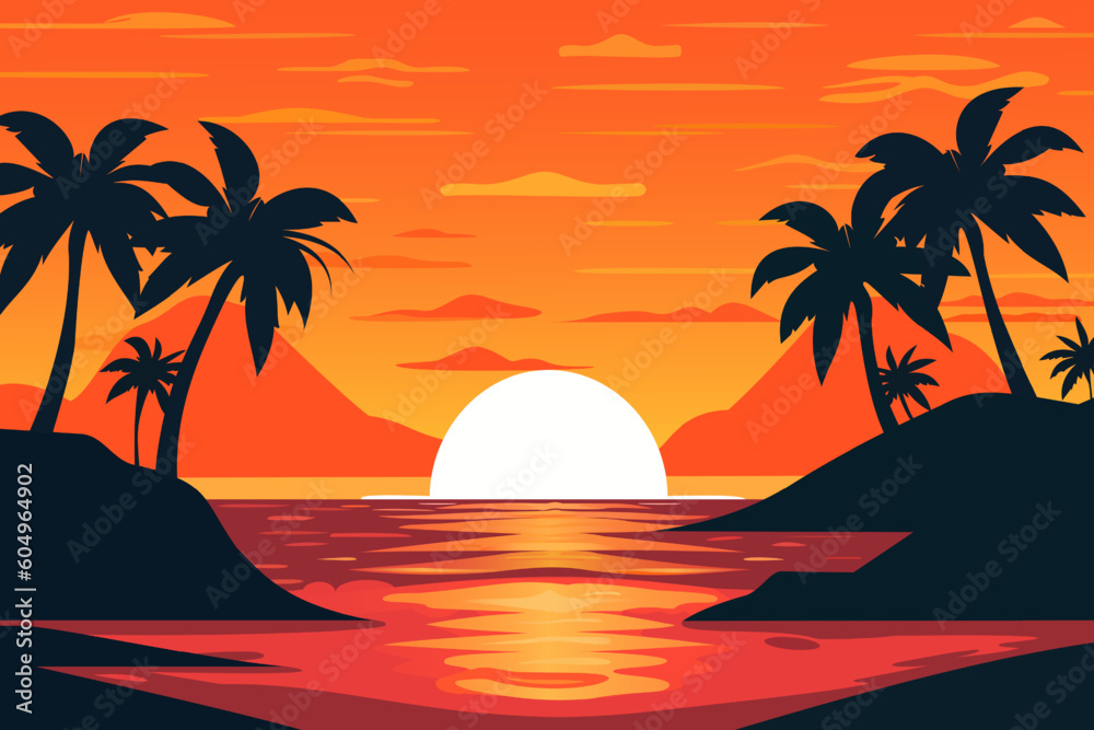 Beautiful sunset landscape, sea beach and sun, ocean sunrise, palm trees, paradise. Paradise seascape.