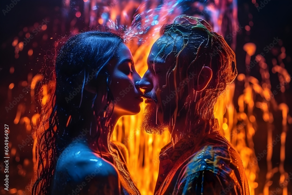 Beautiful couple made from fire, embracing. Burning love theme conceptual illustration. Generative AI