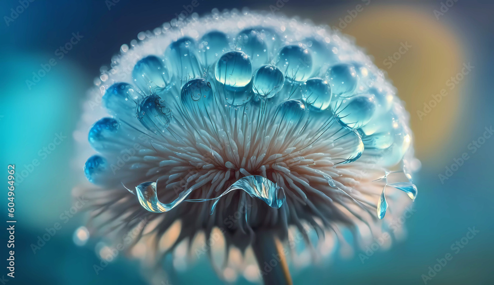 Dandelion. Dew drops. Close-up. Spring floral background. Wallpaper. Generative AI Dandelion. Dew drops. Close-up. Spring floral background. Wallpaper. Generative AI