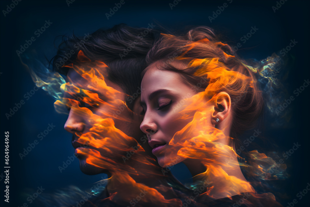 Beautiful couple made from fire, dreaming together. Burning love theme conceptual illustration. Generative AI