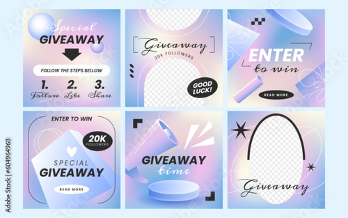 Giveaway trendy posters or banners template. Social media story design. Set of puzzle gift post collection for winner announcement vector illustration. Mockup cards for advertising with photo frames.