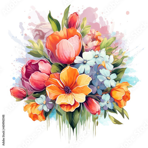 Wedding Composition of Flowers and Greenery in Bouquet Shape - Watercolor Illustration AI generated 