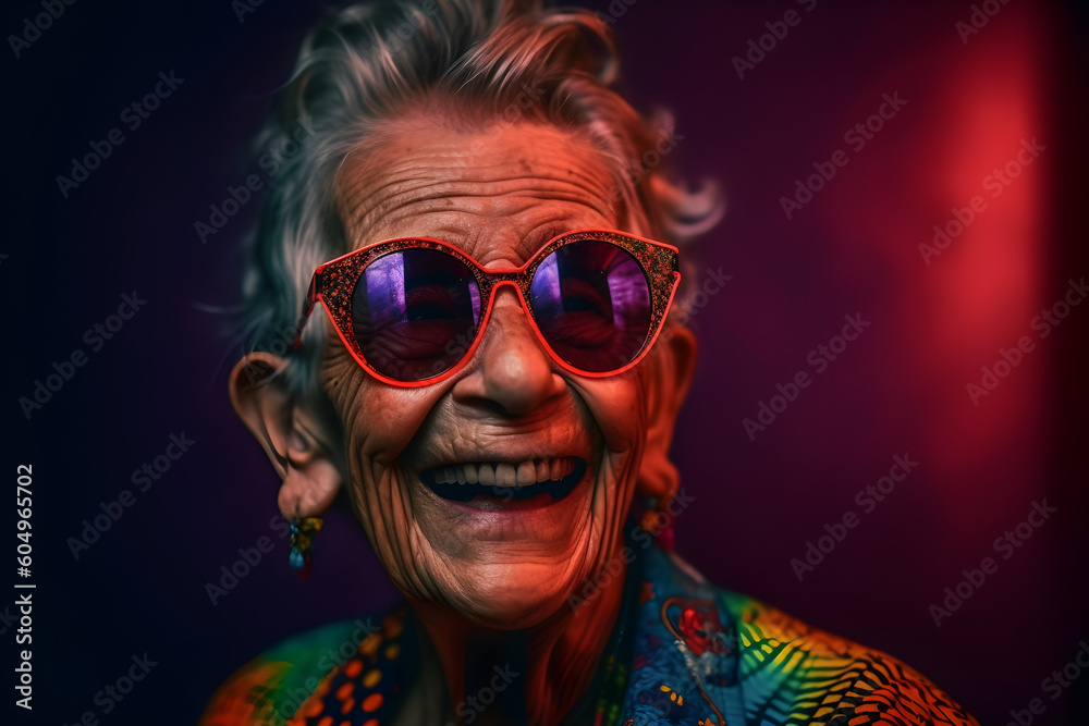 Funny old woman wearing sunglasses in studio and laughing - colorful. Generative AI Funny old woman wearing sunglasses in studio and laughing - colorful. Generative AI