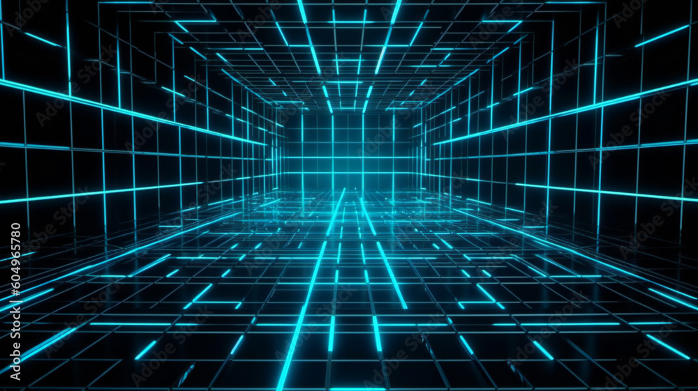 The abstract blue background illuminates the room with neon light, creating a futuristic design. The graphic illustration showcases a dark, empty space with perspective. The abstract blue background illuminates the room with neon light, creating a futuristic design. The graphic illustration showcases a dark, empty space with perspective.