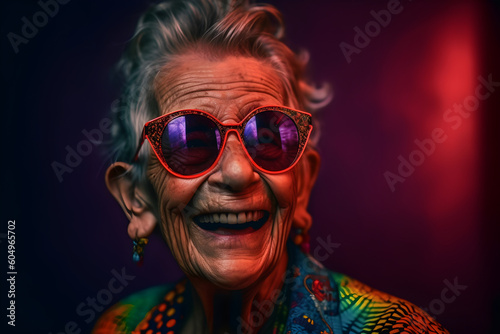 Funny old woman wearing sunglasses in studio and laughing - colorful. Generative AI © Mihai Zaharia