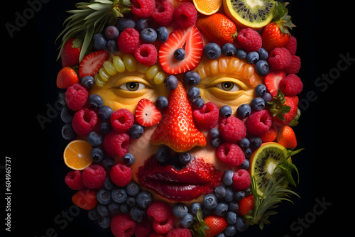 Man face combined with summer fruits. Colorful conceptual illustration. Generative AI