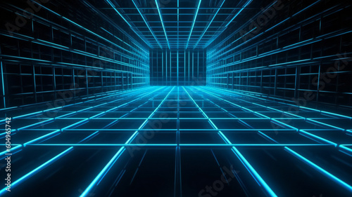 The abstract blue background illuminates the room with neon light  creating a futuristic design. The graphic illustration showcases a dark  empty space with perspective.