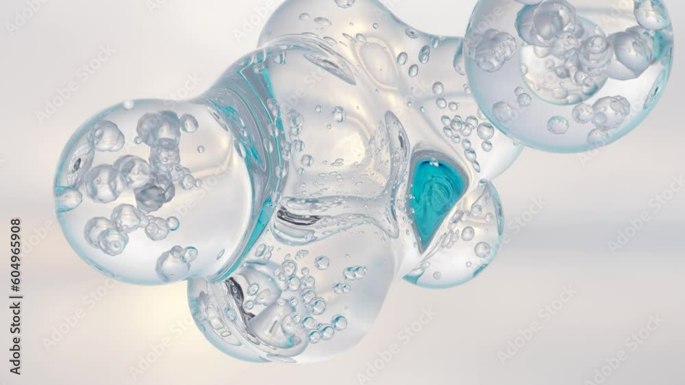 essential Oil Bubbles for cosmetics in water. blue liquid bubbles, fluid flow. Collagen, atoms floating, Moisturizing Cream, Skin Serum, Vitamin, beauty concept, 3d render