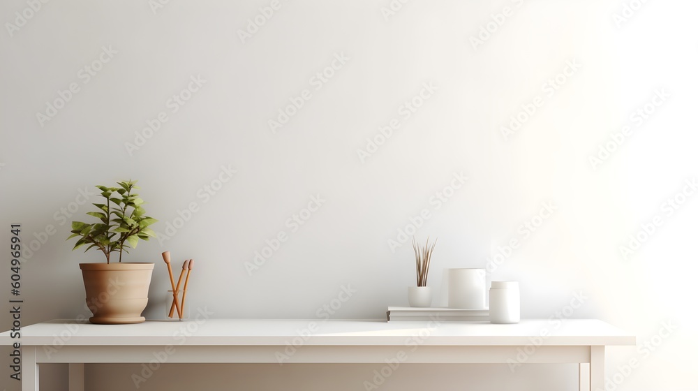 Office table, empty desk with supplies and white wall copy space. Generative AI Office table, empty desk with supplies and white wall copy space. Generative AI