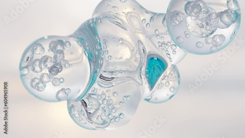 essential Oil Bubbles for cosmetics in water. blue liquid bubbles, fluid flow. Collagen, atoms floating, Moisturizing Cream, Skin Serum, Vitamin, beauty concept, 3d render