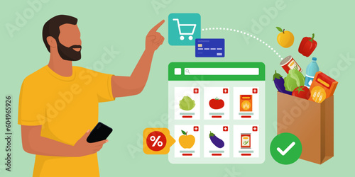 Man doing grocery shopping online
