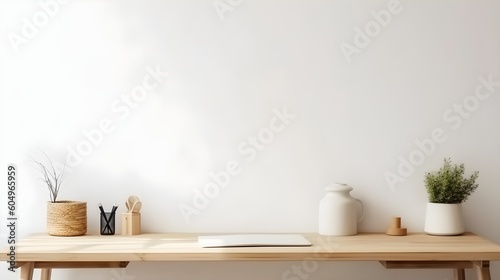 Office table, empty desk with supplies and white wall copy space. Generative AI