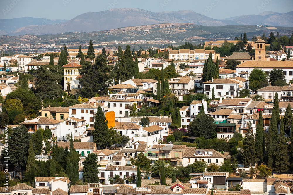 Architectural details of the Alhambra fortified palace complex and Granada city