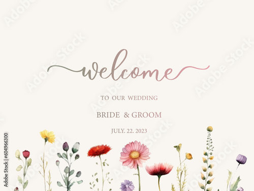 Welcome wedding sign. Calligraphy with watercolor wild herbs and flowers. Abstract floral art background vector design for wedding invitation and vip cover template.generative ai