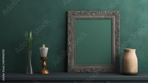 Picture frame near dark green wall. Mock up. Generative AI