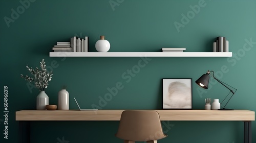office interior with table and dark green wall. Generative AI