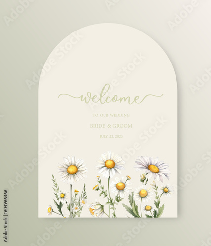 Welcome arch wedding sign. Calligraphy with watercolor chamomile. Abstract floral art background vector design for wedding invitation and vip cover template.generative ai