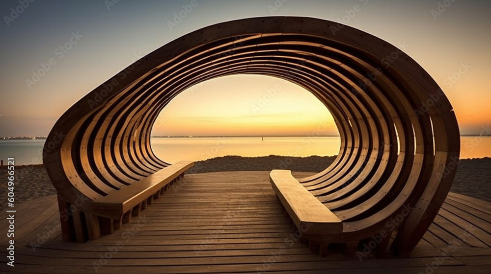 Naklejka premium A bench on a beach with the sun setting behind it