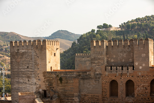Architectural details of the Alhambra fortified palace complex and Granada city