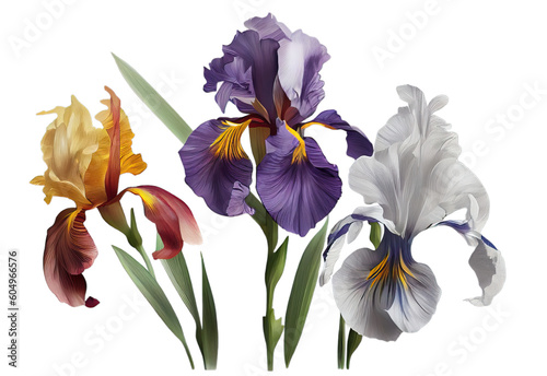 iris flowers with leaves, isolated. Generative AI  