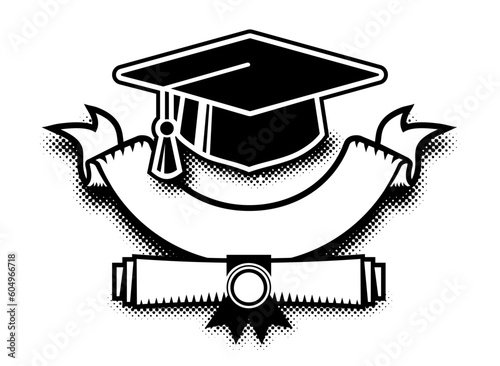 Graduation cap and diploma scroll with avarde ribbon for you text template. Vector on transparent background