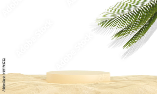 3D Render Product Platform With Leaf And Beach 