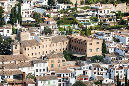 Architectural details of the Alhambra fortified palace complex and Granada city