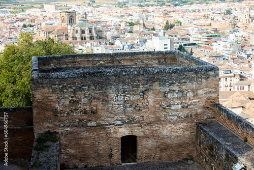 Architectural details of the Alhambra fortified palace complex and Granada city