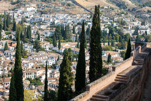 Architectural details of the Alhambra fortified palace complex and Granada city