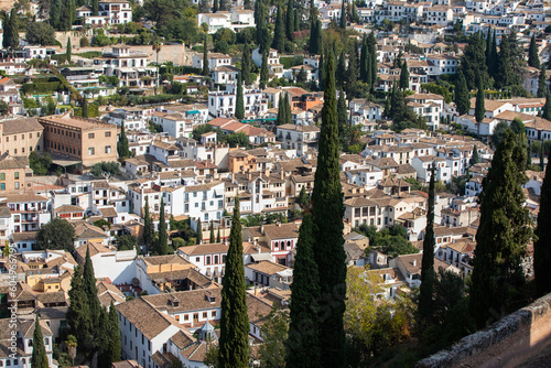 Architectural details of the Alhambra fortified palace complex and Granada city
