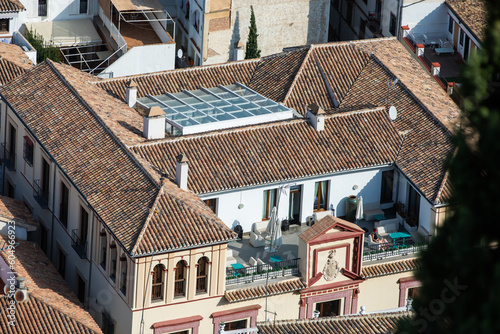 Architectural details of the Alhambra fortified palace complex and Granada city