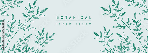 Botanical abstract background with floral line art design. Horizontal web banner composition frame with green contours leaves, elegant herbs, twigs and spring foliage plants. Vector illustration.