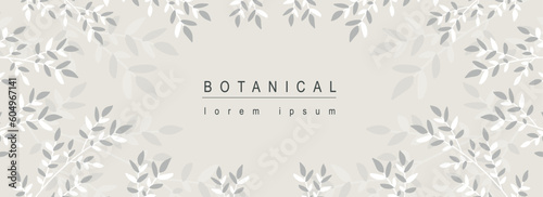 Botanical abstract background with floral line art design. Horizontal web banner with monochrome vignetting frame with herbs, twigs, branches with leaves and foliage plants. Vector illustration.